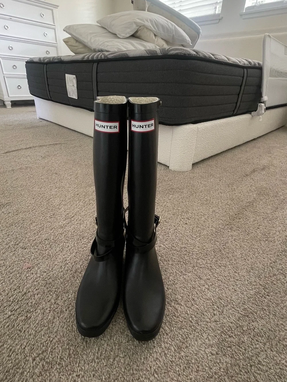 Hunter Black Gloss Tall Rain Boots with Buckle Detail